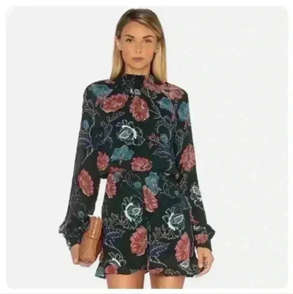ASTR the Label Eva Romper Dark Green Floral Jumper Mock Neck Ruffle Hem